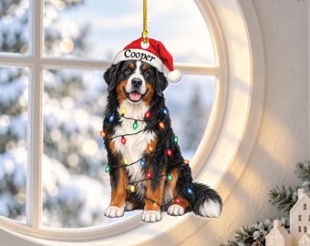 Bernese Mountain Dog Christmas Ornament With Santa Hat, Custom Name Dog Christmas Ornaments, Personalized Berner Gift, Christmas Tree Decor