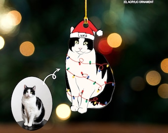 May include: A white and black cat wearing a red Santa hat with the name "Luna" on it. The cat is tangled in colorful Christmas lights. The ornament is made of acrylic.