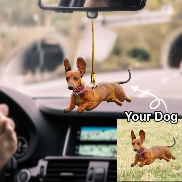 Adorno colgante de coche con imagen de perro personalizado, regalo para amantes de los perros, adorno Dachshunh, espejo retrovisor, espejo retrovisor de adorno