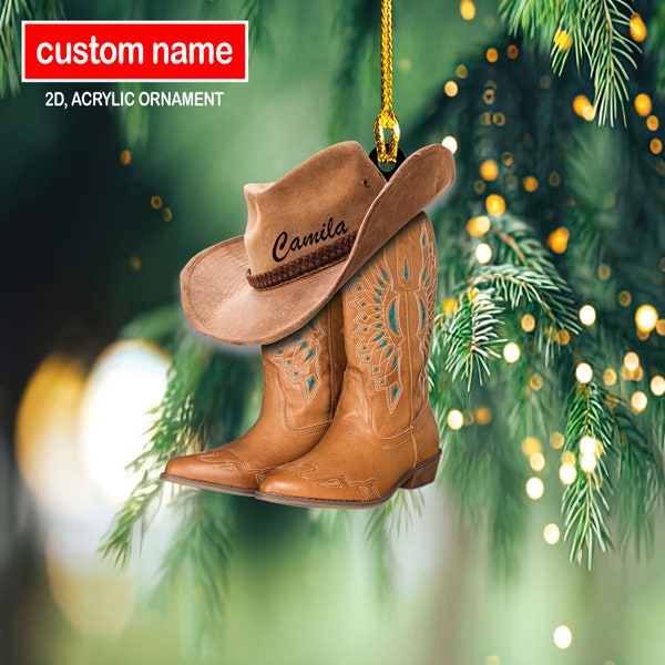 Stivali da cowboy e cappello ornamento personalizzato, ornamento di Natale acrilico 2D, regalo cowgirl cowboy, ornamento amante del cavallo