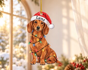 Red Dachshund Christmas Ornament With Santa Hat, Custom Name Dog Christmas Ornaments, Personalized Wiener Dog Gift, Doxie Lover Tree Decor