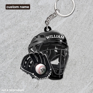 Baseball Catcher Helm und Handschuhe 2D Schlüsselanhänger, Baseball Catcher personalisierte Schlüsselanhänger, Baseball Liebhaber Geschenk, Fänger Geschenke, individuelle Geschenke