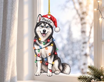 Siberian Husky Christmas Ornament With Santa Hat, Custom Name Dog Christmas Ornaments, Personalized Husky Mom Gift, Christmas Tree Decor