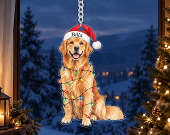 Golden Retriever Christmas Ornament With Santa Hat, Personalized Dog Ornament, Custom Name Gift For Dog Lover, Holiday Tree Decoration