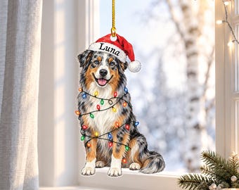 Australian Shepherd Christmas Ornament With Santa Hat, Custom Name Dog Christmas Ornaments, Personalized Aussie Gift, Christmas Tree Decor