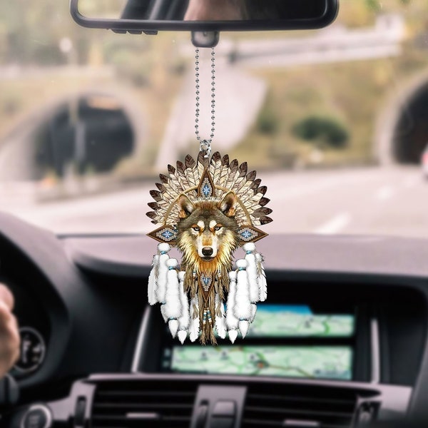 Native Wolf Dreamcatcher Car Hanging Ornament, Wolf Gift, Rear Mirror, Ornament Rear View Mirror