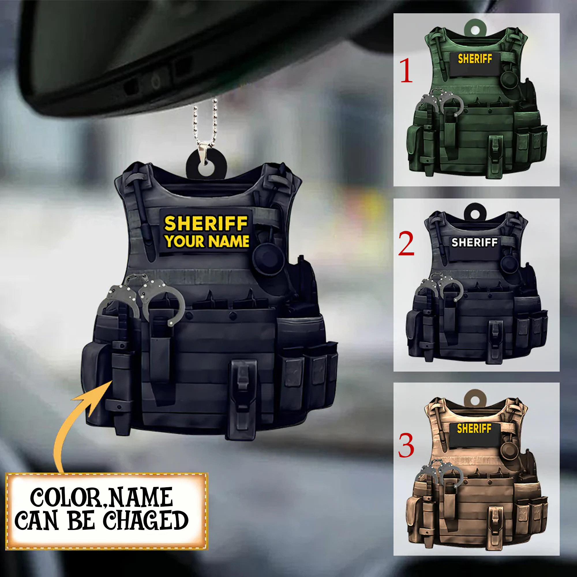 Personalized Police Bulletproof Vest, Sheriff Uniform, Police Uniform Car Ornament, Gift For Police, Ornament Personalized Flat Acrylic