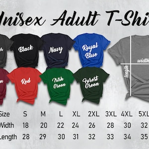 May include: Unisex adult t-shirt size chart with measurements in inches. The chart shows the width and length of the shirt in sizes S through 5XL. The shirt colors are dark heather, black, navy, royal blue, maroon, red, Irish green, and forest green.