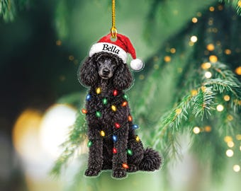 Poodle Christmas Ornament With Santa Hat, Custom Name Dog Christmas Ornaments, Personalized Poodle Mom Gift, Dog Lover Gift, Holiday Decor
