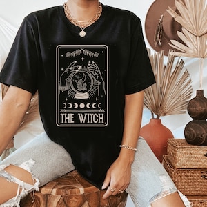 Maglietta con i Tarocchi della Strega, Maglietta di Halloween della Strega, Abiti Magici Wiccan Pagani, Luna Celeste, Abiti Estetici, Maglietta Boho, Strega