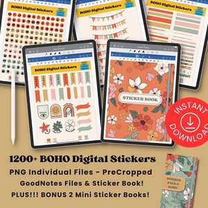 May include: Digital stickers displayed on tablets. The tablets showcase various sticker designs, including floral patterns, banners, and icons. The text "BOHO Digital Stickers" is visible on the screens, along with the words "STICKER BOOK" and "INSTANT DOWNLOAD".