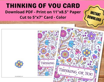 Printable Floral Thinking of You Card | Bonus Thank You Card PDF | 5x7 DIY Greeting Card | Spring Flowers | Instant Download