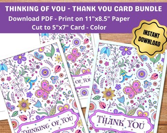 Printable Thinking of You Card Bundle | Thank You Card PDF | 5x7 Instant Download | Bonus Coloring Sheet | DIY Card for Women