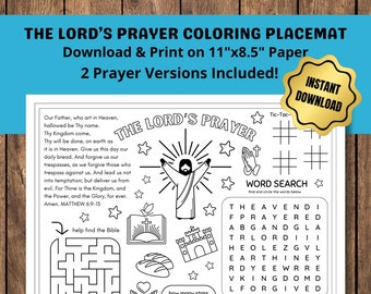 Printable Lord's Prayer Coloring Placemat 11"x8.5" Christian Coloring Page Kids Religious Activity Digital PDF Bible Sunday School Activity