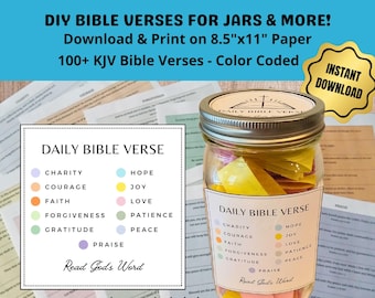 Printable Bible Verses in a Jar | 100+ KJV Scriptures | 11 Topics | Color + Black White PDF | Christian Gift Bible Study
