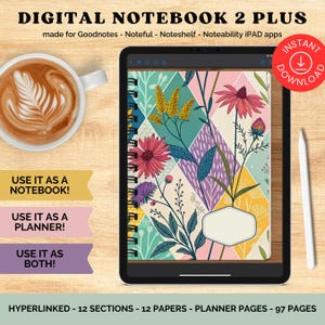 Könnte beinhalten: Ein iPad mit einem digitalen Notizbuch mit floralem Cover-Design. Das Cover zeigt bunte Blumen und geometrische Formen. Eine Tasse Kaffee mit Latte Art und ein Stift sind ebenfalls zu sehen. Der Text auf dem Bild lautet "DIGITAL NOTEBOOK 2 PLUS".