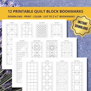May include: A set of 12 printable quilt block bookmarks. Each bookmark features a different quilt block design, including Pinwheel, Friendship Star, and Granny Squares. The bookmarks are designed to be cut to 2" x 7".