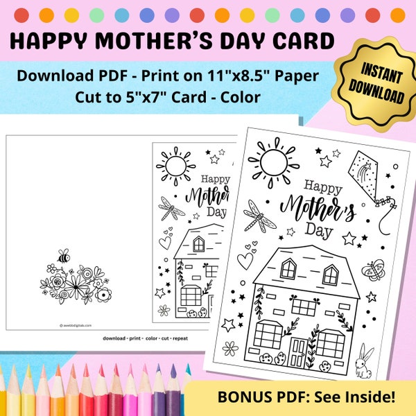 Printable Mother's Day Greeting Card to Color Bonus Coloring Sheet 11"x8.5" Cuts to 5"x7" Greeting Card Floral Butterfly Kite Bunny Folk Art