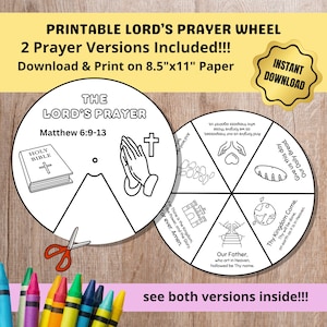 The Lord&#39;s Prayer Coloring Spinning Wheel Printable Bible Verse Sunday School Activity Spinner Scripture Lesson Memory Game Kids 2 Versions