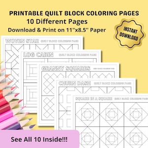 Puede incluir: Páginas para colorear de bloques de colcha imprimibles para 10 patrones de colcha diferentes. Los patrones incluyen Woven Star, Log Cabin, Granny Squares, Churn Dash y Square in a Square. Descarga e imprime en papel de 28 cm x 21,6 cm.