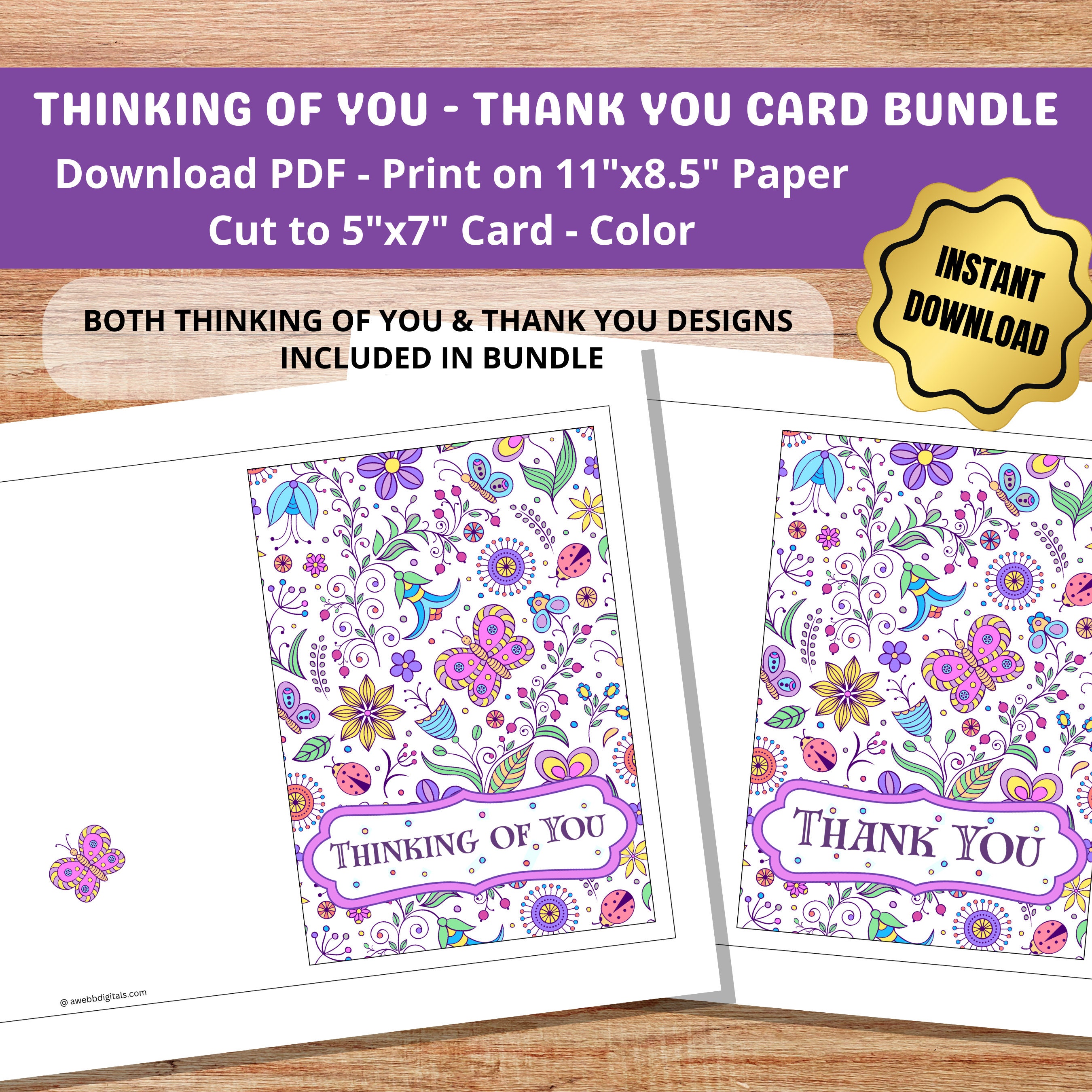 Printable Thinking of You Thank You Greeting Card Bundle Cuts to 5"x7 ...