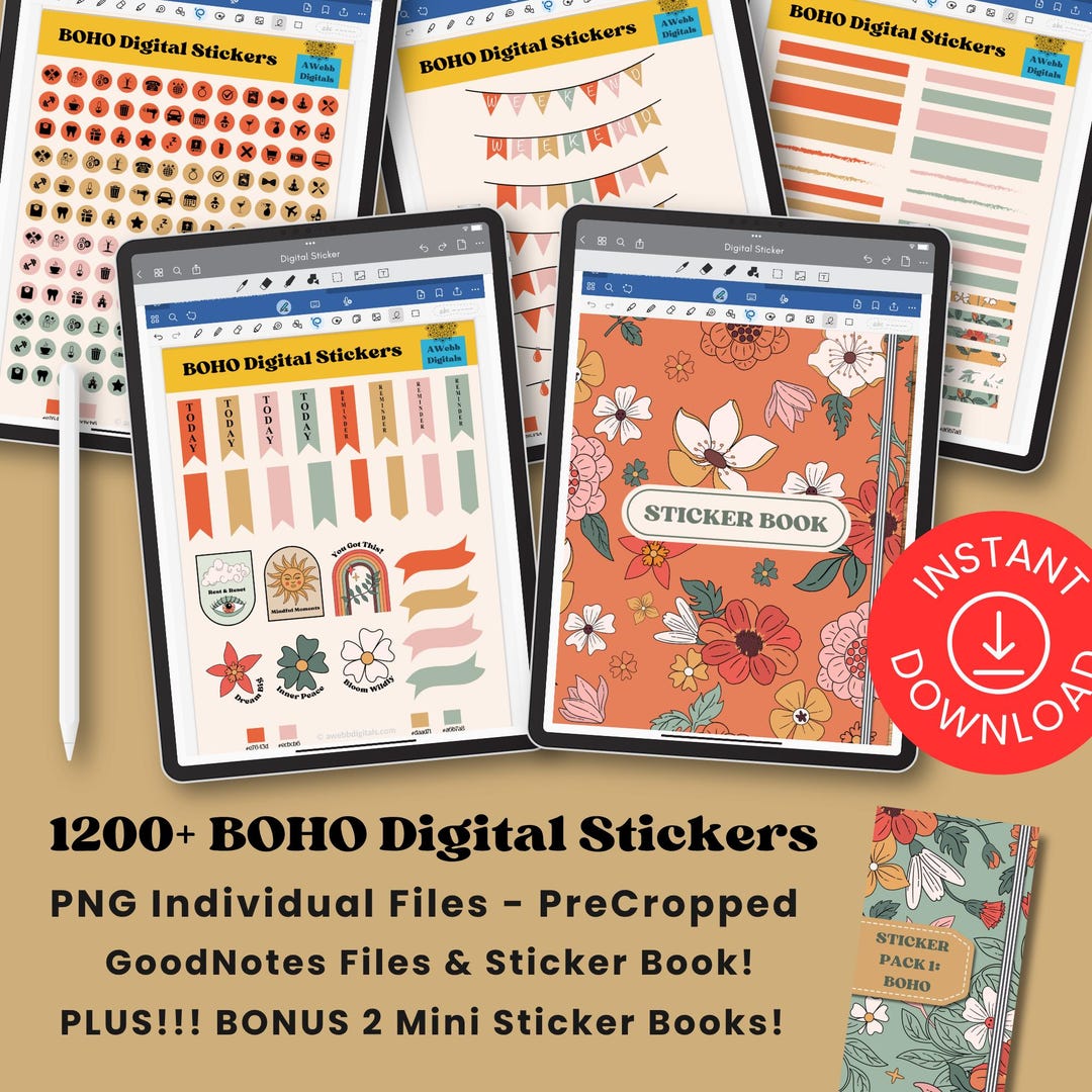 1200+ BOHO Digital Stickers Goodnotes Bonus Sticker Books Noteable Pre ...