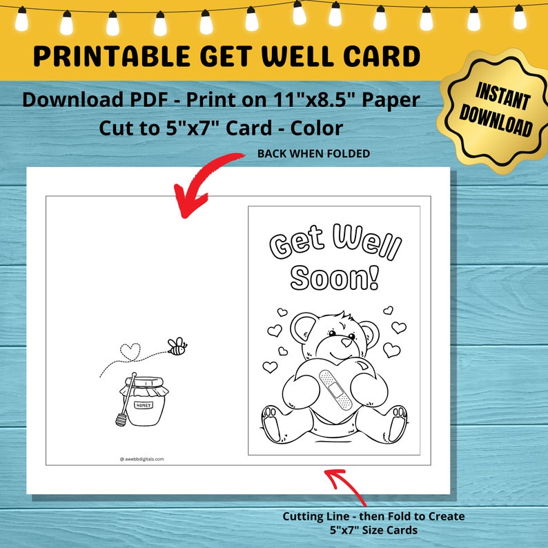 Printable Get Well Cards for Kids to Color With Teddy Bear Hearts 11x8 ...