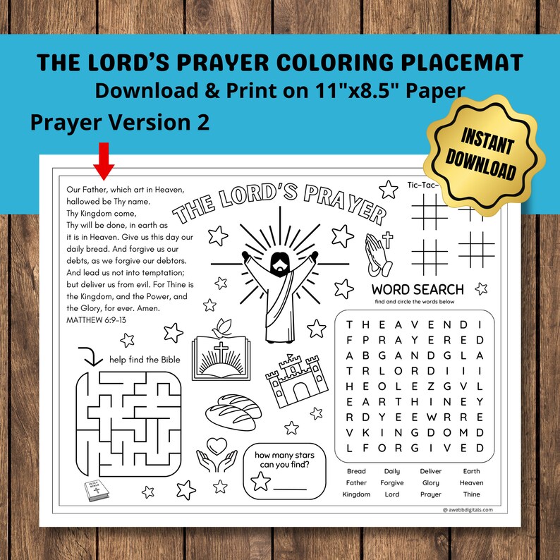 Printable Lord's Prayer Coloring Placemat 11"x8.5" Christian Coloring Page Kids Religious ...