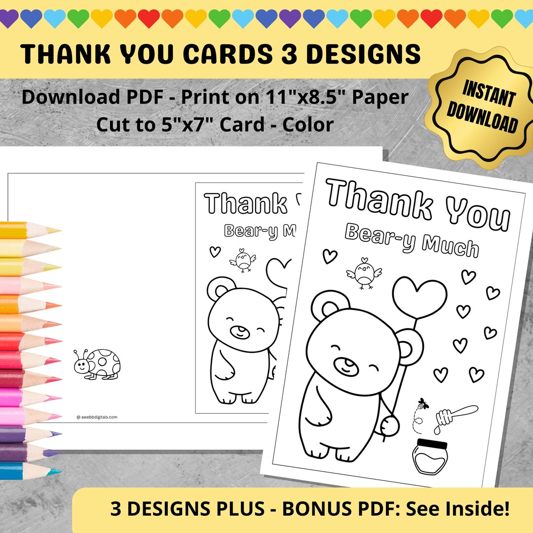 Printable Kids Thank You Cards Bundle Bear Ewe Monkey Funny Puns Coloring Fun Bonus Coloring ...