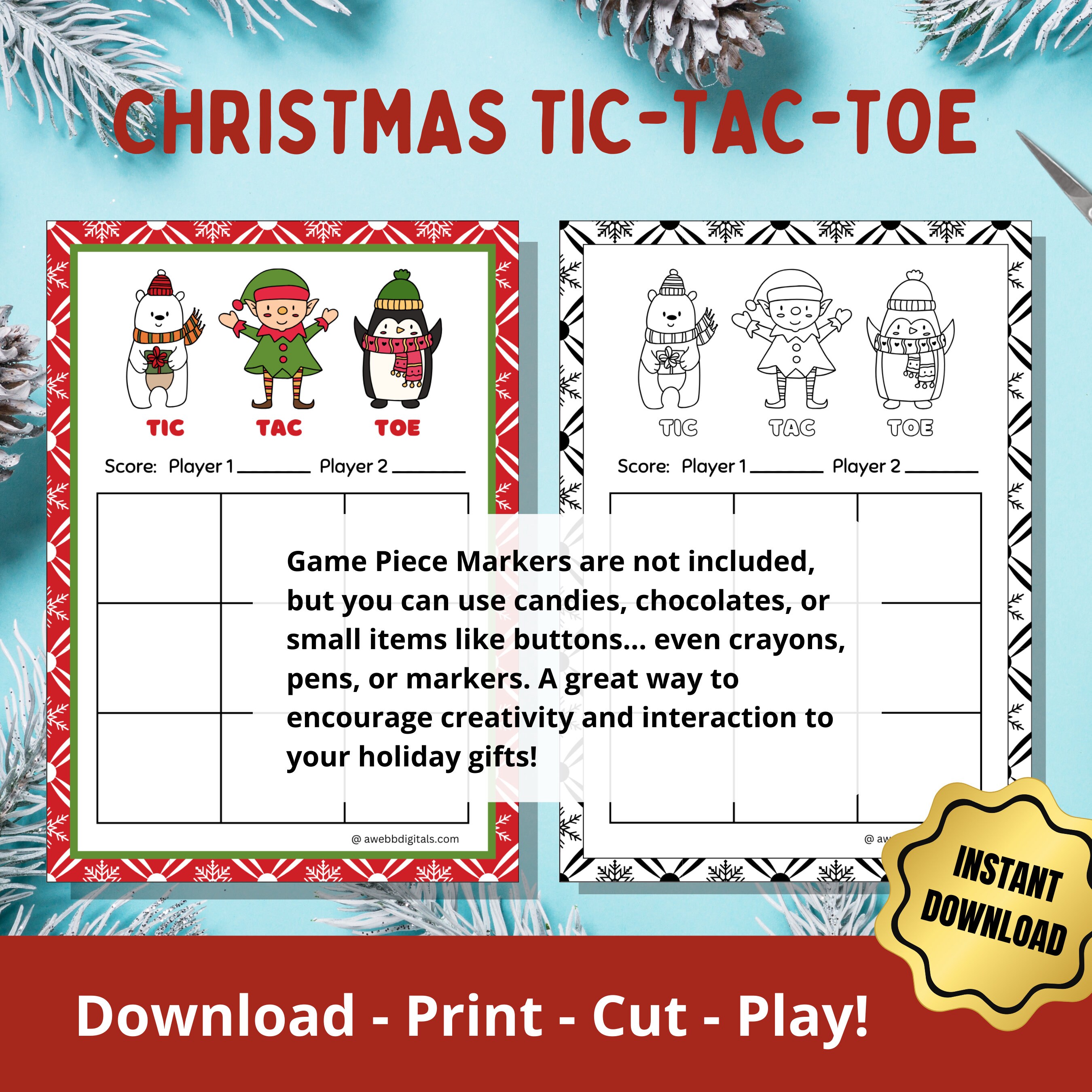Christmas Tic Tac Toe Printable 5x7 Cards 3 Festive Holiday Designs in ...