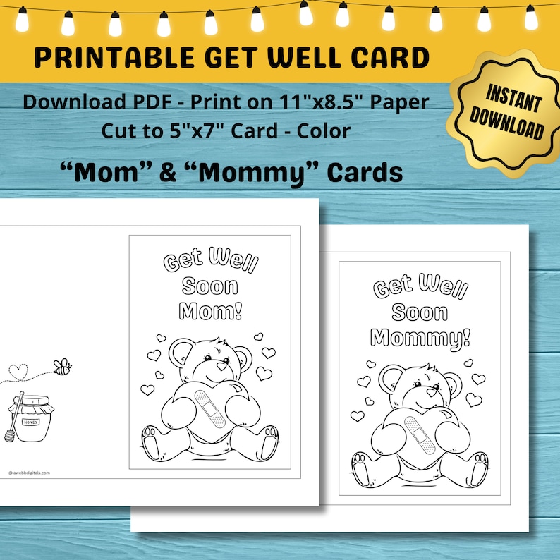 Printable Get Well Cards for Kids to Color With Teddy Bear Hearts 11x8 ...