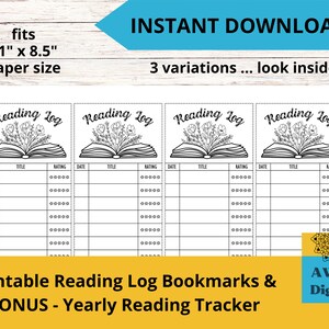 Reading Log Bookmark, Printable Reading Log Tracker, Instant Download for Adults, Teens, with Rating Stars, plus Bonus Yearly Tracker Log