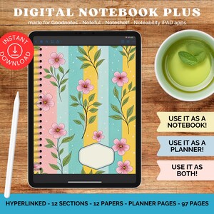 Puede incluir: Cuaderno digital en un iPad con un diseño floral. El cuaderno tiene flores rosas y hojas verdes sobre un fondo a rayas de color rosa, amarillo y azul. Incluye el texto "DIGITAL NOTEBOOK PLUS" y "INSTANT DOWNLOAD".