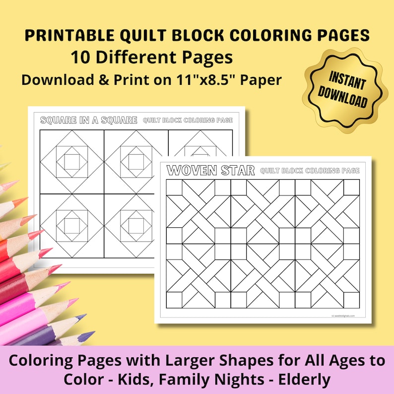 Printable Quilt Block Coloring Pages Bundle PDF With 10 Pages 11"x8.5 ...