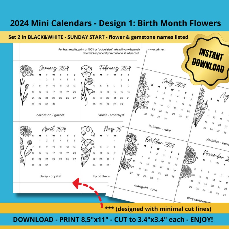 2024 Printable Mini Calendar Cards Sunday Start Birth Month Flowers ...