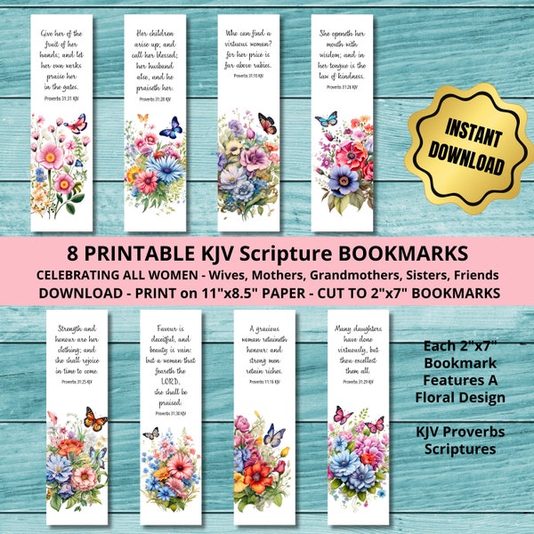 Printable KJV Bible Verse Bookmarks for Women Mothers Wives Sisters Friends Proverbs Christian Watercolor Wildflower Gift Tag Book Club Gift