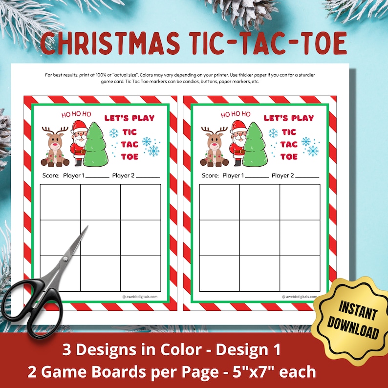 Christmas Tic Tac Toe Printable 5x7 Cards 3 Festive Holiday Designs in ...