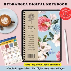 Floral Digital Notebook for Women | 5-Subject Hydrangea PDF Planner | Hyperlinked | GoodNotes Noteful | Bonus Stickers