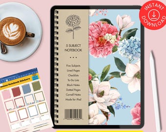 Floral Digital Notebook for Women | 5-Subject Hydrangea PDF Planner | Hyperlinked | GoodNotes Noteful | Bonus Stickers
