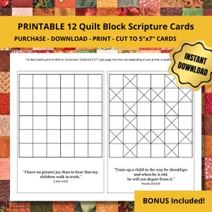 Puede incluir: 12 tarjetas imprimibles de bloques de colcha con versículos bíblicos. Cada tarjeta mide 12,7 cm por 17,8 cm y presenta un patrón de bloque de colcha diferente. Las tarjetas incluyen dos versículos bíblicos: "No tengo mayor gozo que este, el oír que mis hijos andan en la verdad." 3 Juan 1:4 KJV y "Instruye al niño en su camino, y aun cuando fuere viejo no se apartará de él." Proverbios 22:6 KJV