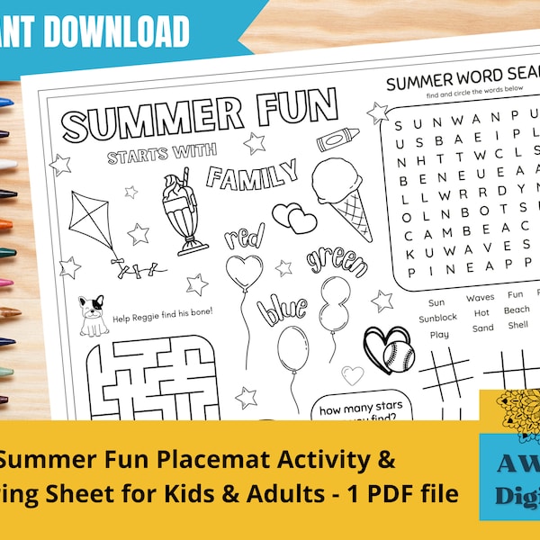 Summer Fun for Kids and Adults Placemat Activity & Coloring Sheet - Printable Kids Party Favor - Instant Download