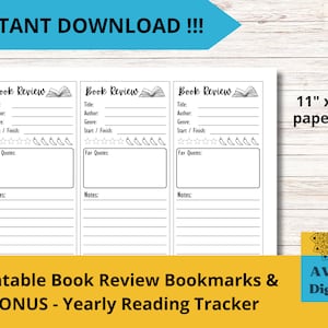 Printable Book Review Bookmarks and Bonus Yearly Reading Tracker, Digital PDF files, Instant Download, make notes as you read the book