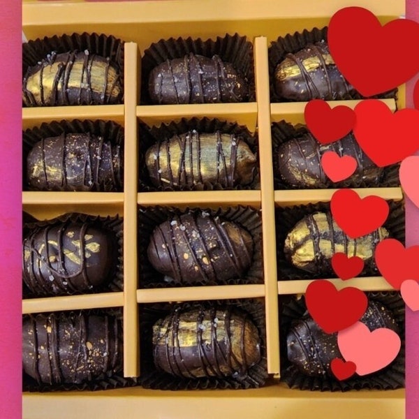 SunButter filled Dark Chocolate Dates with Sea Salt. Peanuts free, Tree nuts free, Gluten free, No added Sugar, Vegan