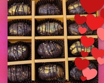 Peanut Butter-Filled Dark Chocolate Dates with a Sea Salt. Gluten free, No added Sugar