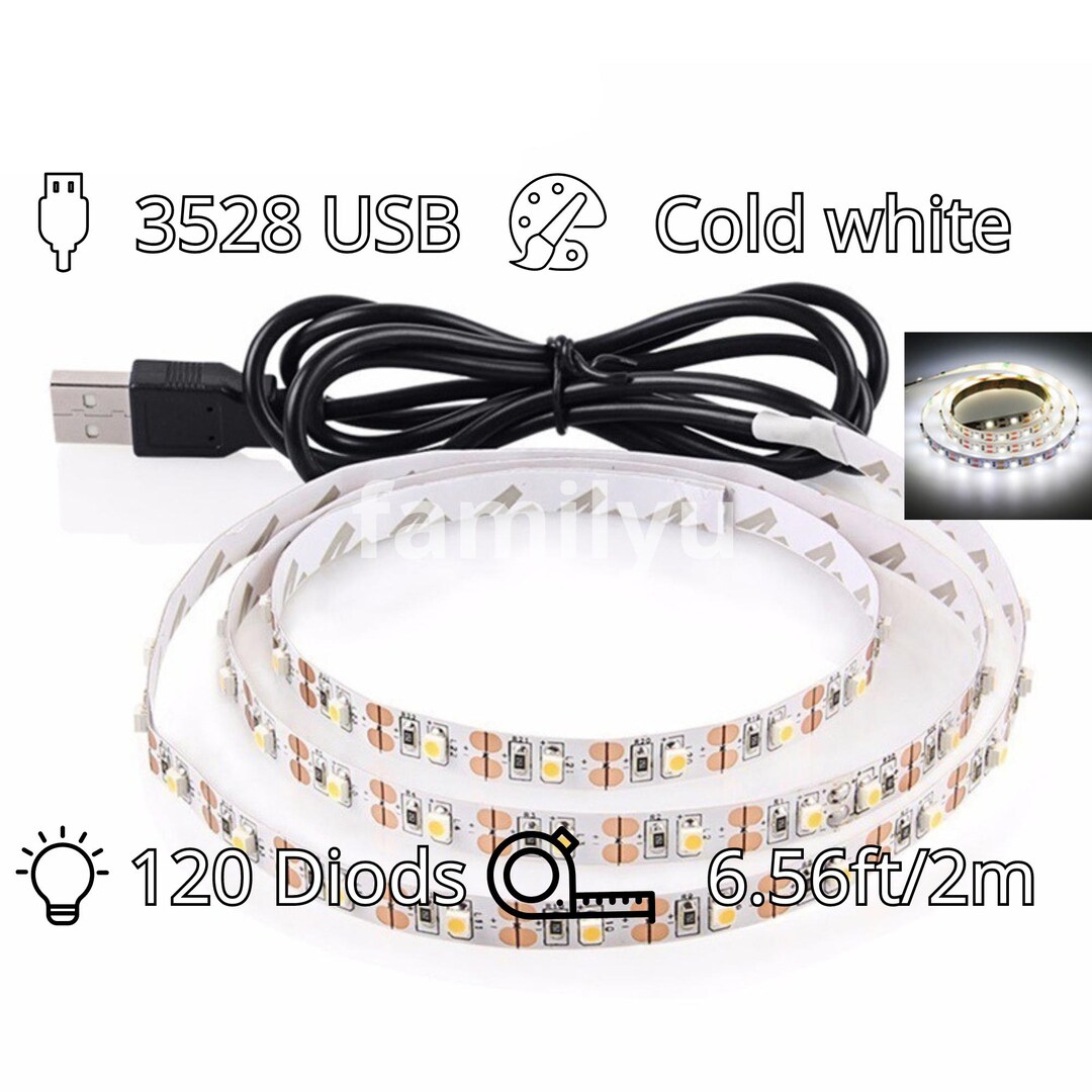 LED Strip Light, Cold White USB, 6.56ft (2m), 120 Leds, 5V, 2835 Led ...