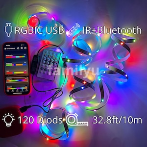 Peut inclure: Bande de LED RGBIC USB avec 120 diodes et une télécommande. Les lumières mesurent 10 mètres de long et peuvent être contrôlées par une application pour smartphone ou une télécommande. Les lumières sont multicolores et peuvent être réglées sur différentes couleurs et motifs.