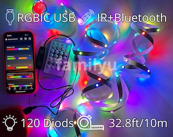 Smart LED Strip Light RGBIC - 32.8ft (10m), 120 LEDs, Bluetooth Remote Control, 5v, USB Smart Led Strip Lights, Led Strip Lights for Bedroom