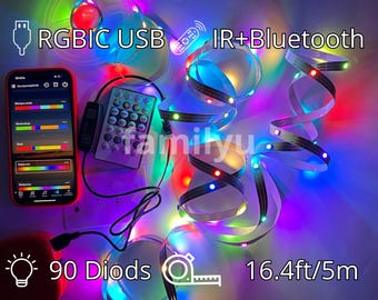 Slimme LED-stripverlichting RGBIC - 16,4 ft (5 m), 90 LED's, Bluetooth-afstandsbediening, 5 V, USB Smart Led-stripverlichting, Led-stripverlichting voor slaapkamer