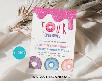 Four Ever Sweet, Four Ever Sweet Invitation, Birthday Invitation Girl, Birthday Invitation Template, Fourth Birthday Invitation Template