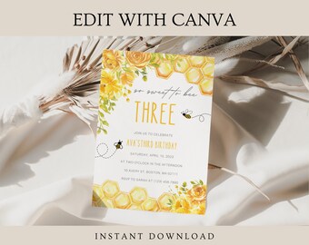So Sweet To Bee Three, Third Birthday Invitation, Birthday Invitation Templates, Editable Birthday Invitations, Editable Bee Birthday Invite